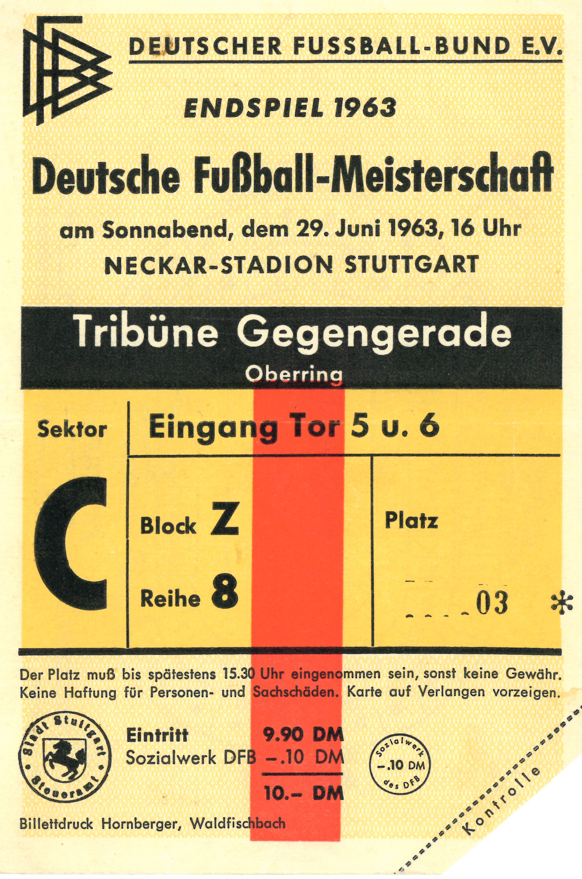 Eine von 73.097 letzten ihrer Art: Eintrittskarte zum Finalspiel um die Deutsche Meisterschaft.1963.